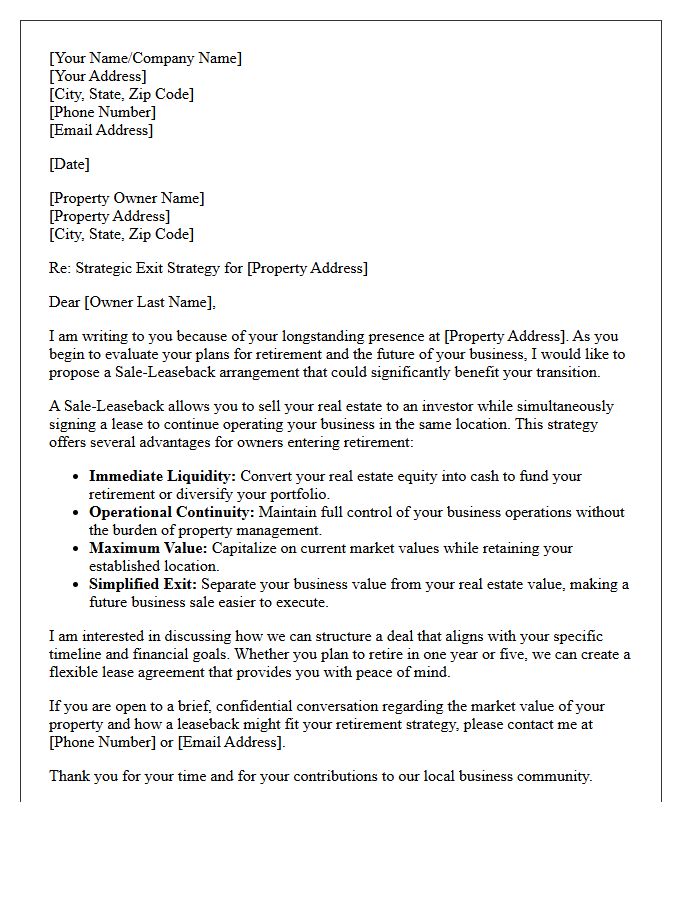 Letter Proposing Commercial Real Estate Leaseback Options For Retiring Owners