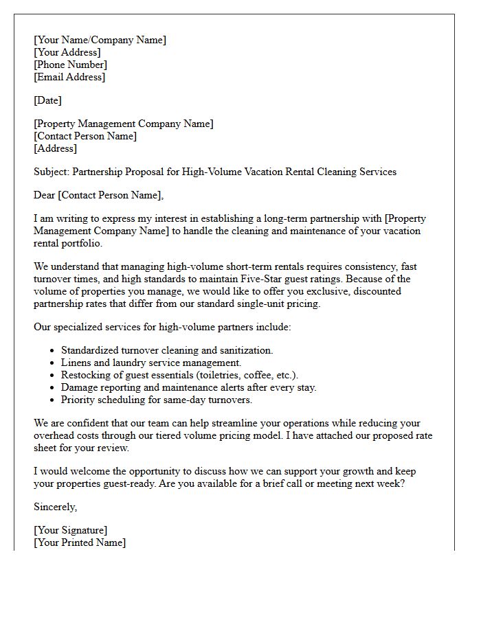 Partnership Letter for High-Volume Vacation Rental Cleaning Rates