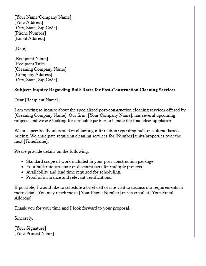 Inquiry Letter for Bulk Rate Post-Construction Cleaning Services