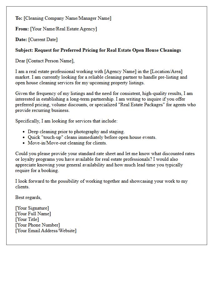 Request Letter for Preferred Pricing on Real Estate Open House Cleaning