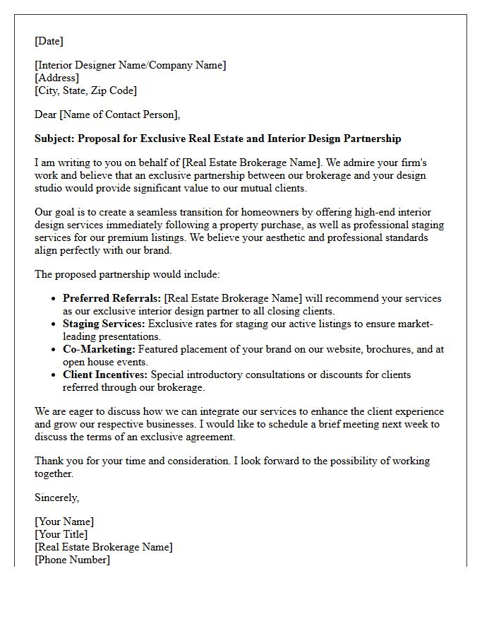 Real Estate Brokerage and Interior Designer Exclusive Partnership Letter