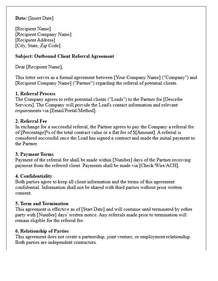 Standard Outbound Client Referral Agreement Letter