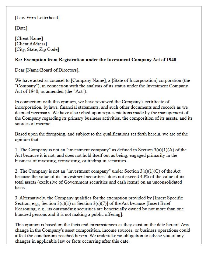 Investment Company Act Exemption Opinion Letter
