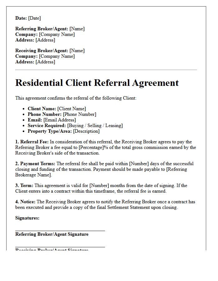 Outbound Residential Client Referral Agreement Letter