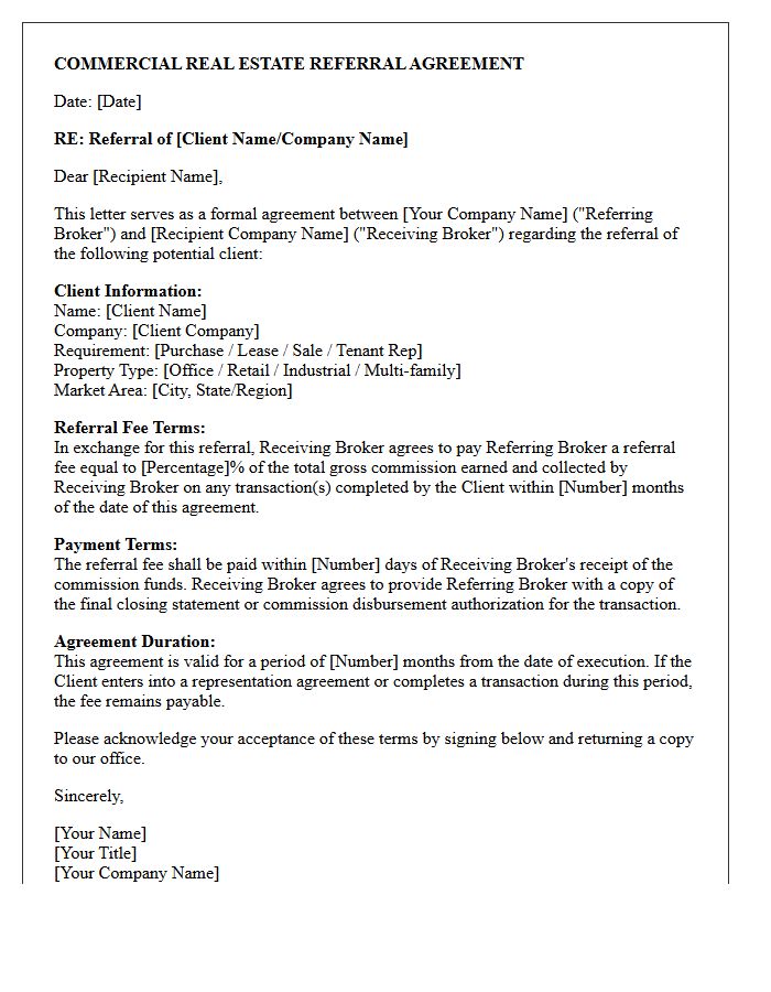Outbound Commercial Real Estate Referral Agreement Letter