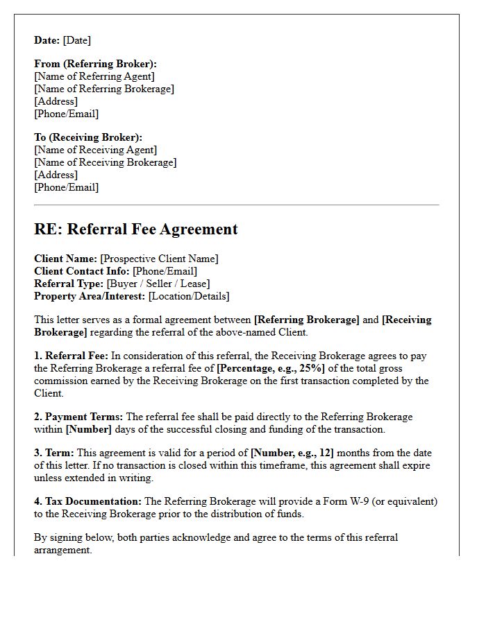 Broker-to-Broker Outbound Referral Fee Agreement Letter