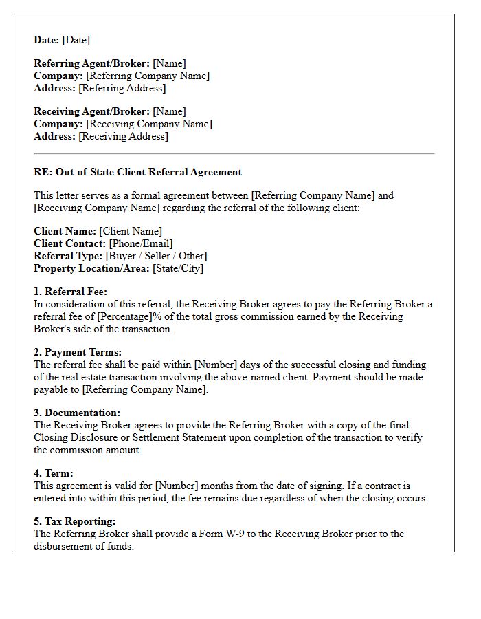Out-of-State Outbound Client Referral Agreement Letter