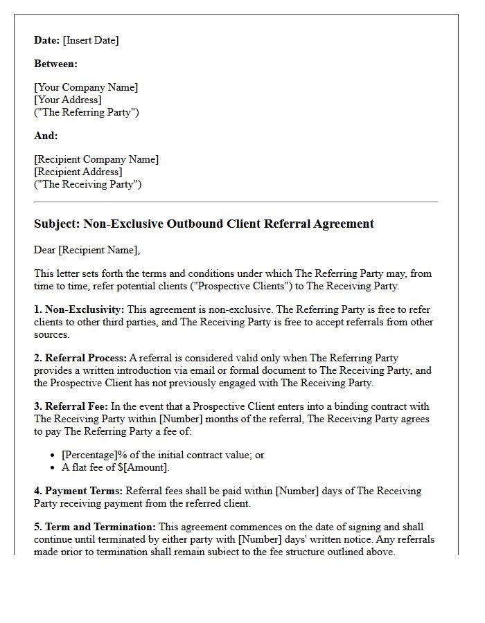 Non-Exclusive Outbound Client Referral Agreement Letter