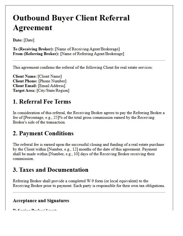 Outbound Buyer Client Referral Agreement Letter