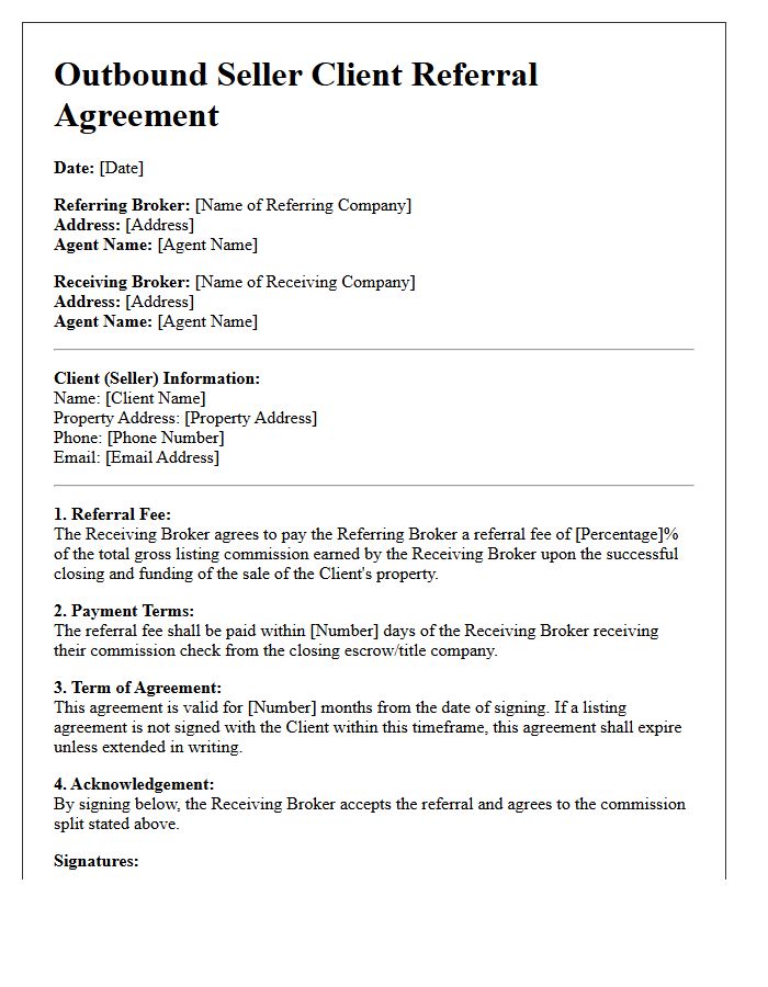 Outbound Seller Client Referral Agreement Letter