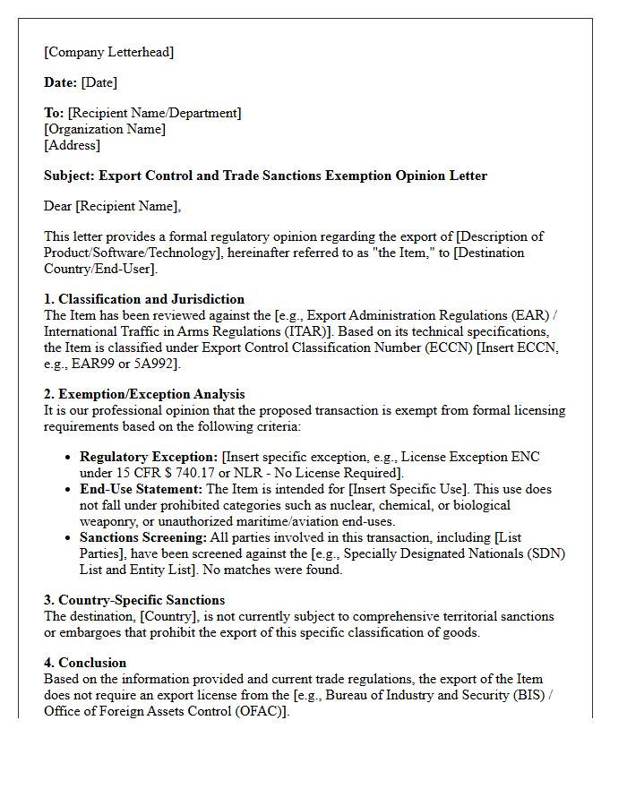 Export Control and Trade Sanctions Exemption Opinion Letter