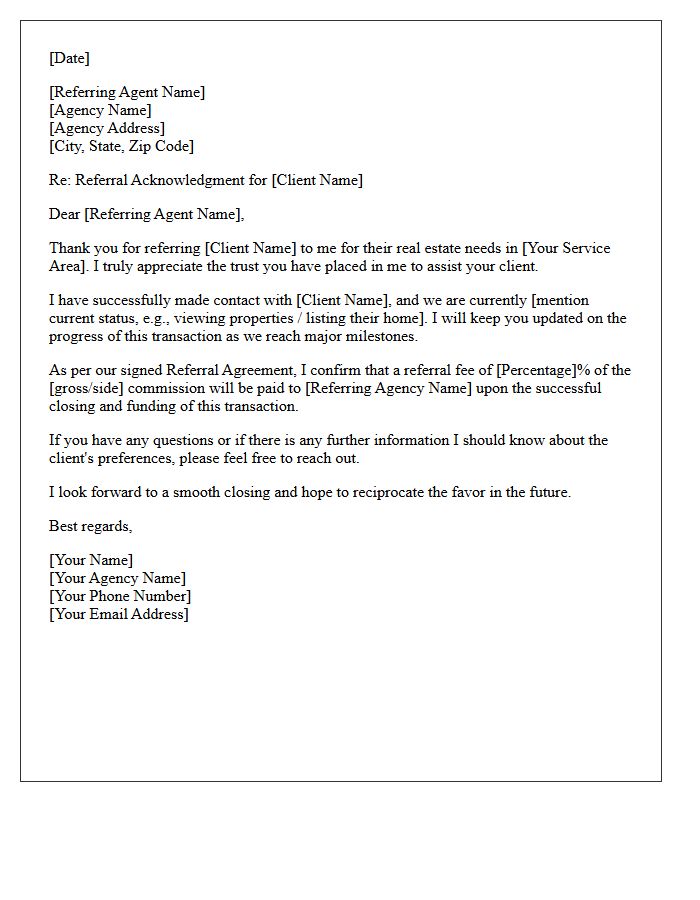 Agent to Agent Referral Acknowledgment Letter