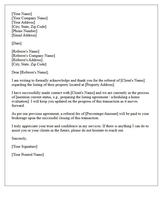 Real Estate Listing Referral Acknowledgment Letter