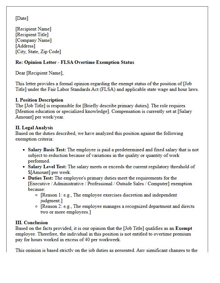Labor Wage and Hour Overtime Exemption Opinion Letter