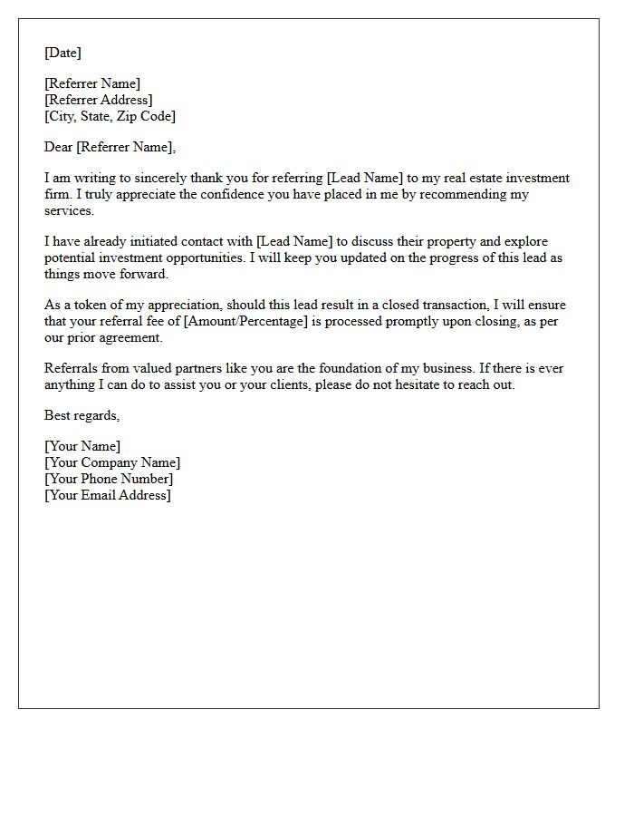 Real Estate Investor Referral Acknowledgment Letter