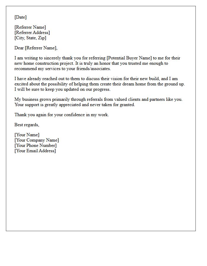 New Construction Buyer Referral Thank You Letter