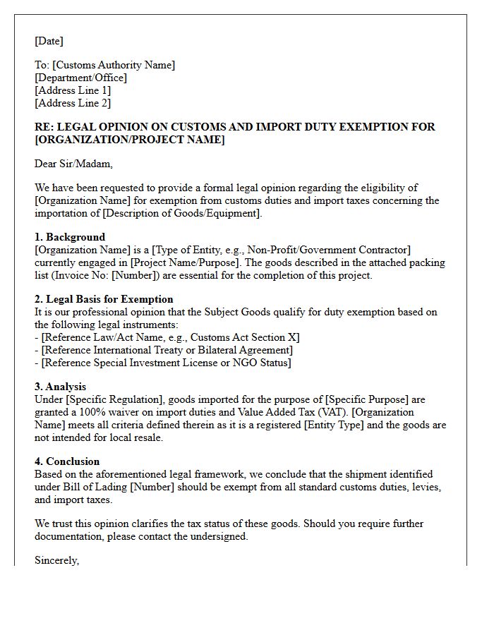 Customs and Import Duty Exemption Opinion Letter