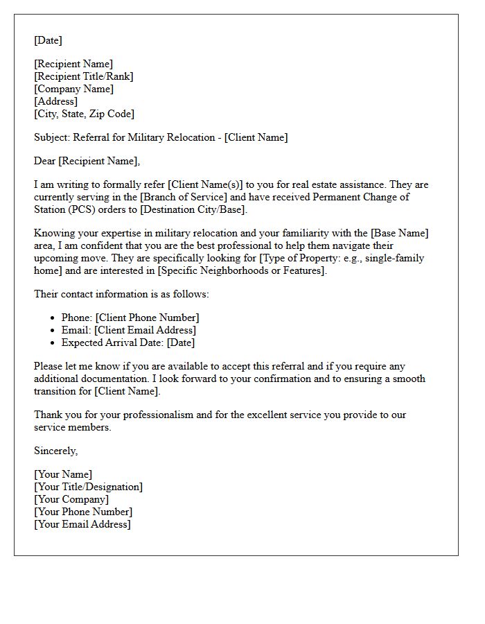 Military Relocation Buyer Referral Letter