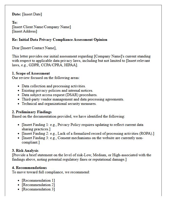 Initial Data Privacy Compliance Assessment Opinion Letter