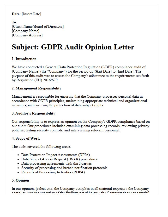 General Data Protection Regulation Audit Opinion Letter