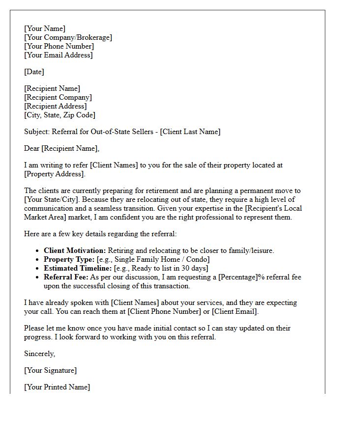 Retiring Out-of-State Seller Referral Letter