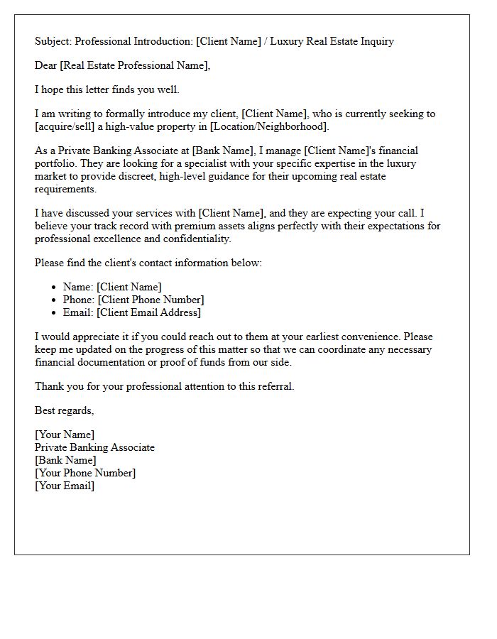 Private Banking Associate Luxury Property Specialist Referral Letter