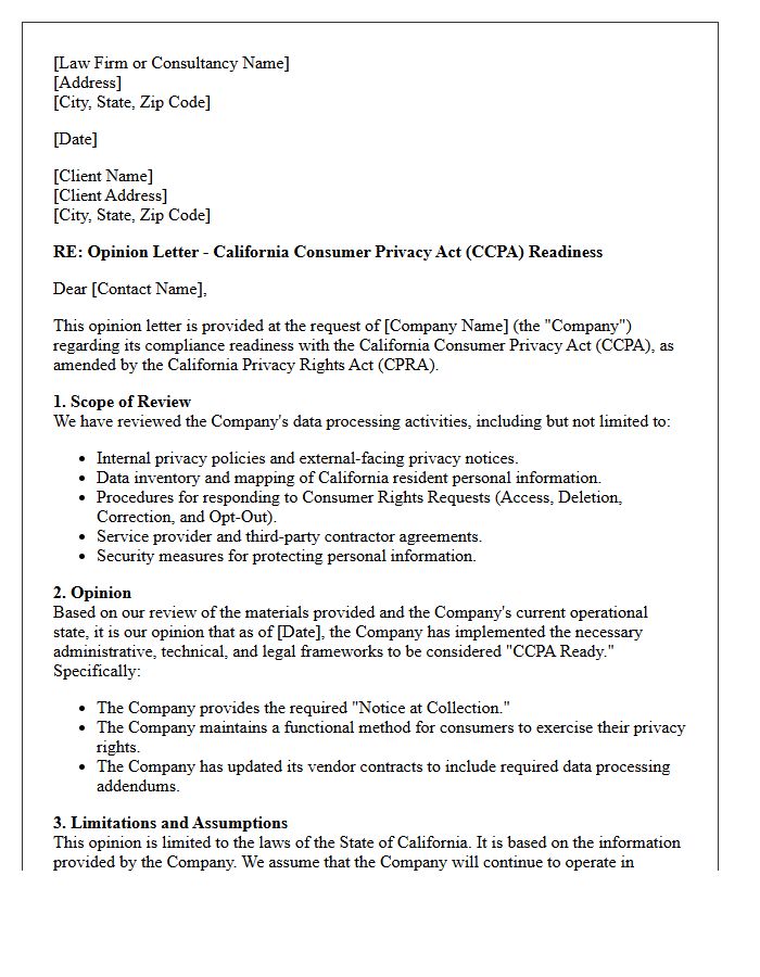California Consumer Privacy Act Readiness Opinion Letter
