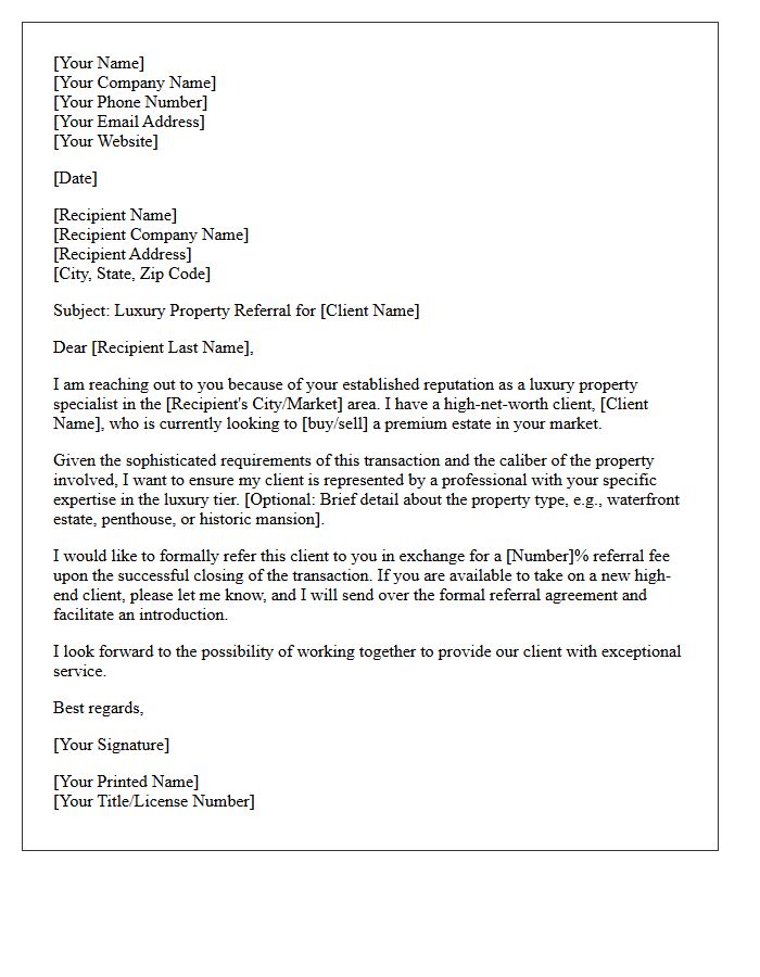 Out-Of-State Broker Luxury Property Specialist Referral Letter