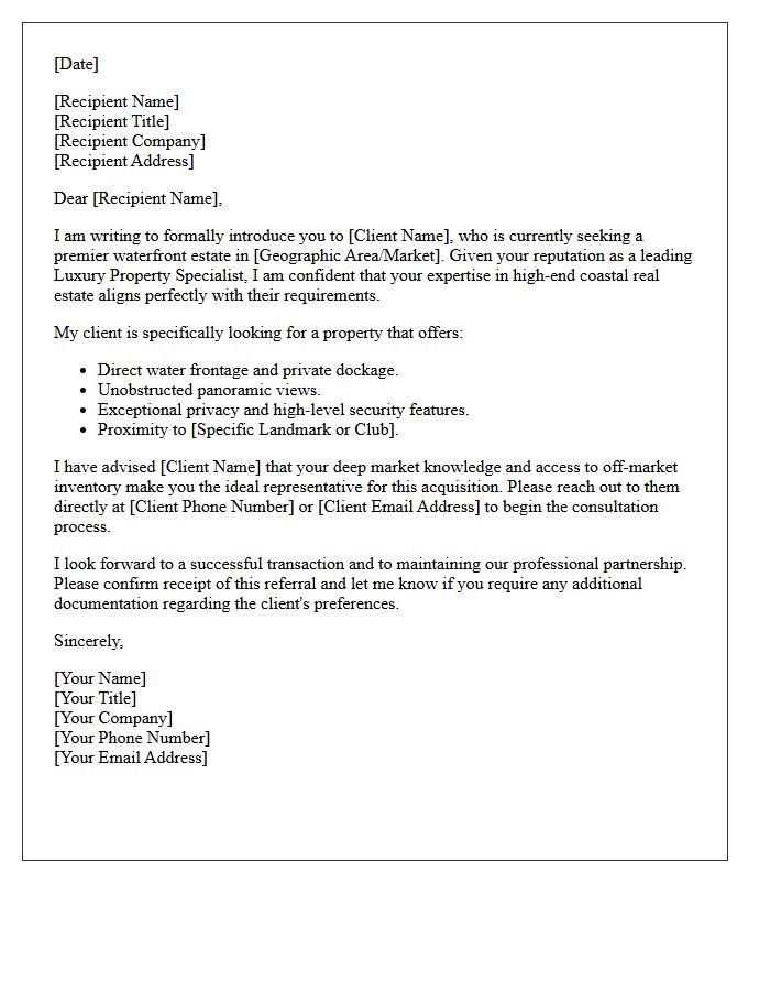 Luxury Property Specialist Referral Letter For Waterfront Estates