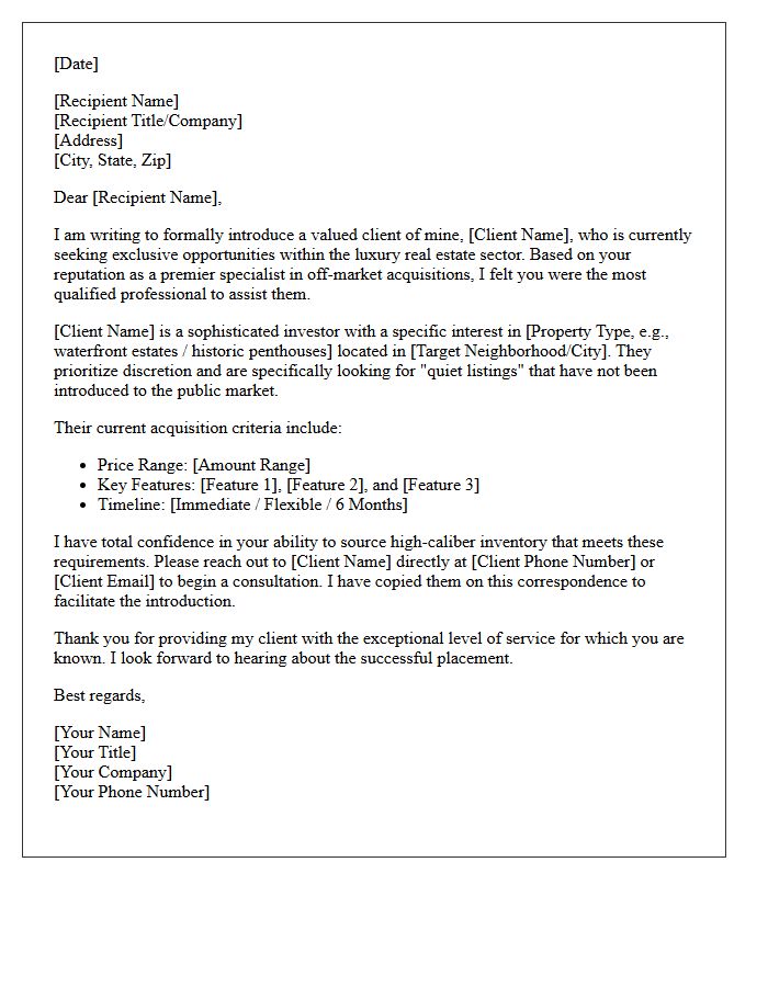 Off-Market Property Investor Luxury Property Specialist Referral Letter