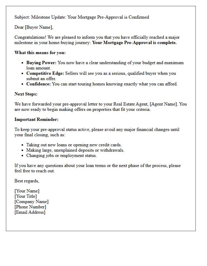 Buyer Pre-Approval Milestone Update Letter