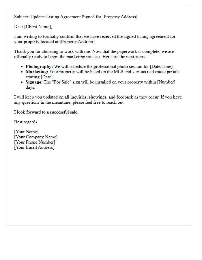 Listing Agreement Signed Status Update Letter