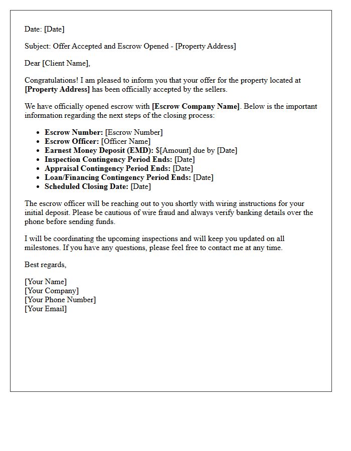 Offer Accepted and Escrow Opened Status Letter