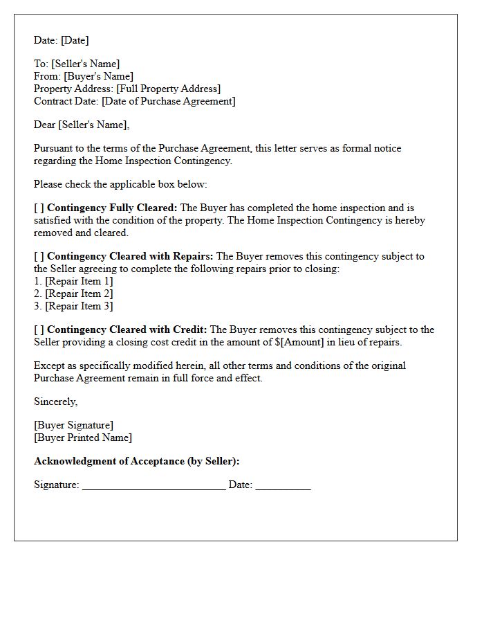 Home Inspection and Contingency Clearance Letter