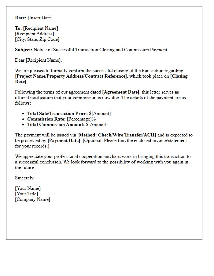 Successful Transaction Closing and Commission Letter