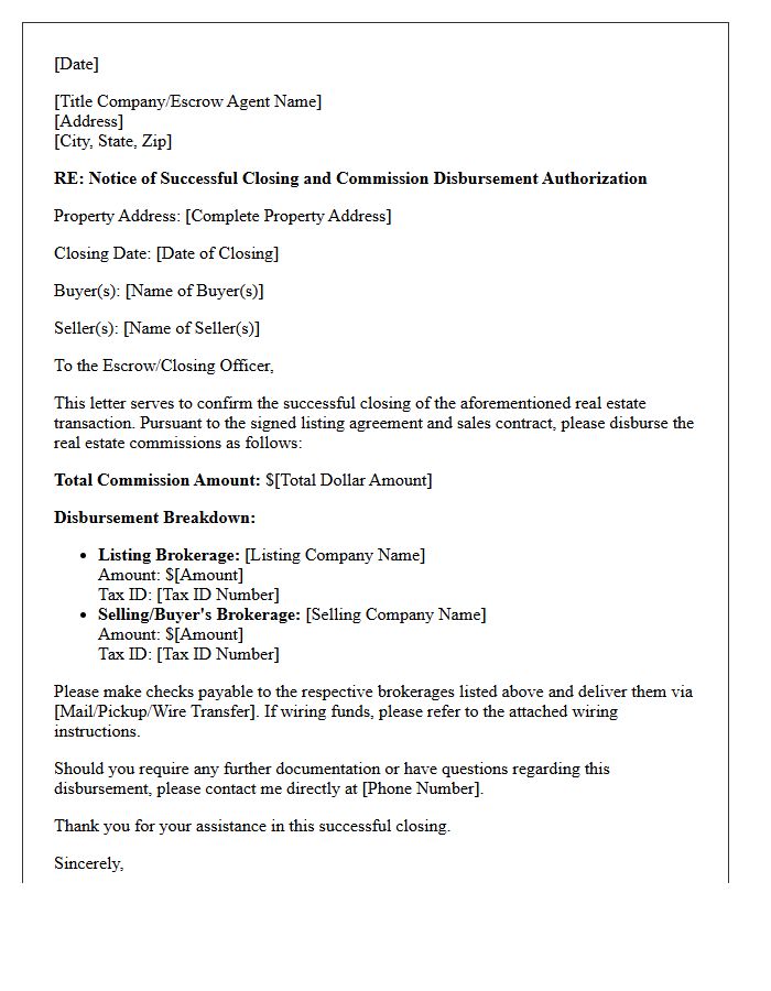 Real Estate Agent Successful Closing and Commission Disbursement Letter