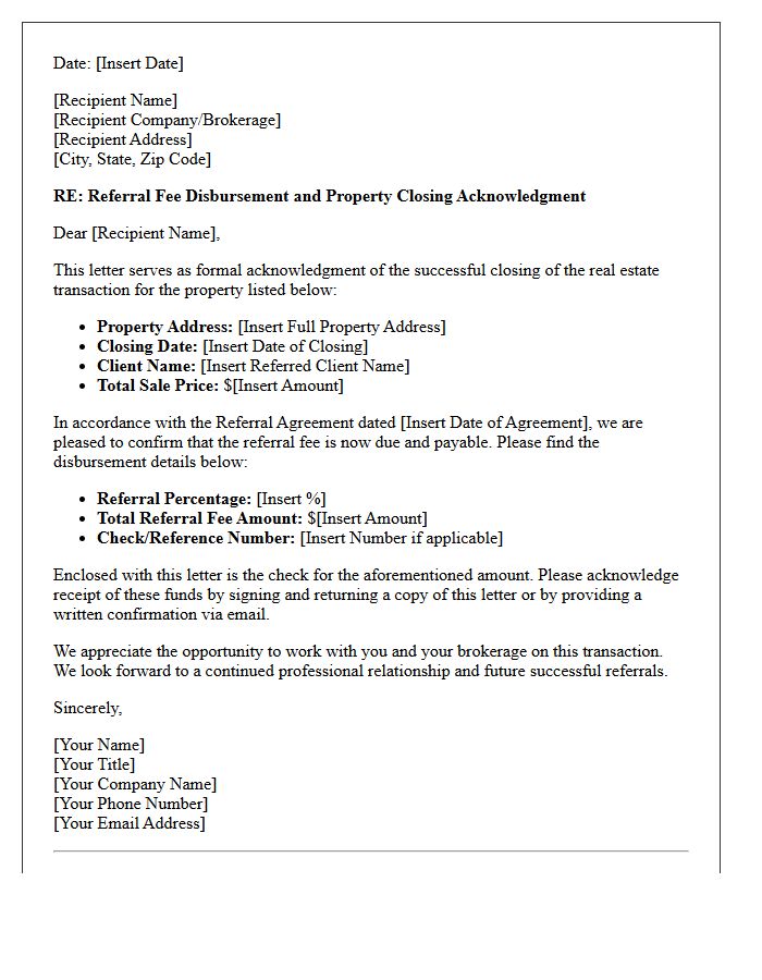 Referral Fee Disbursement and Property Closing Acknowledgment Letter