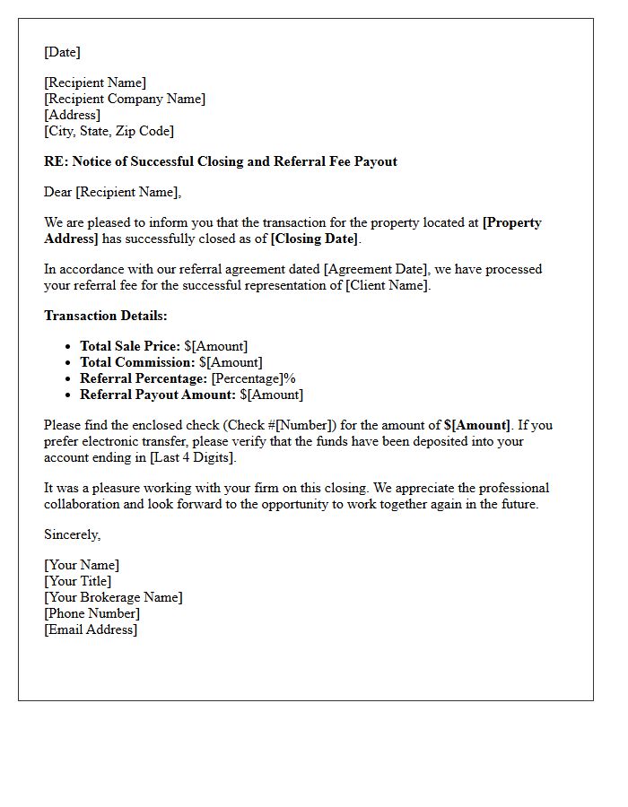 Joint Brokerage Successful Closing and Referral Payout Letter