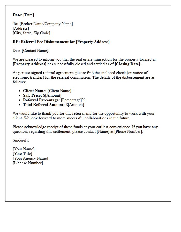 Real Estate Referral Disbursement and Successful Settlement Letter