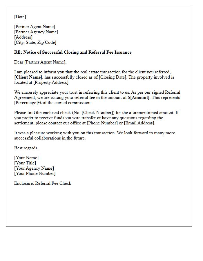 Partner Agent Successful Closing and Referral Fee Issuance Letter