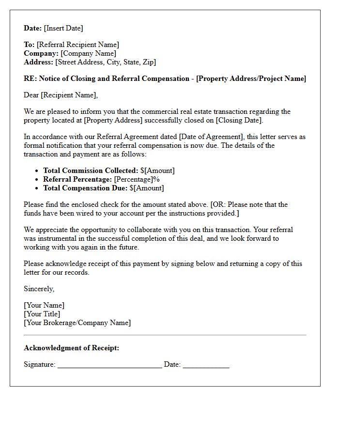 Commercial Real Estate Closing and Referral Compensation Letter