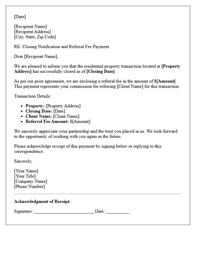 Residential Property Closing and Referral Fee Payment Letter