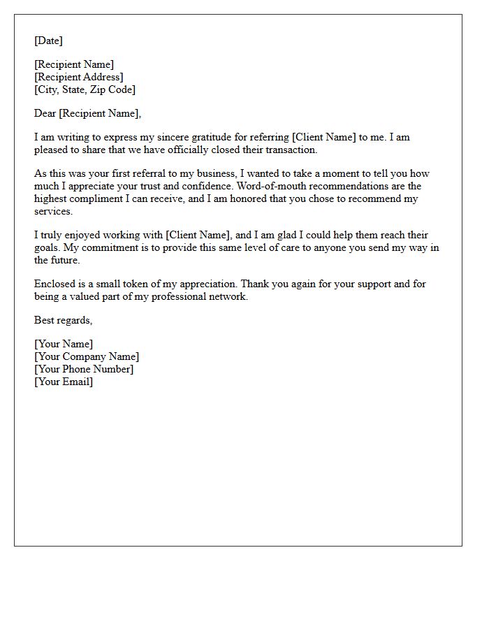 First-Time Referral Post-Closing Appreciation Letter