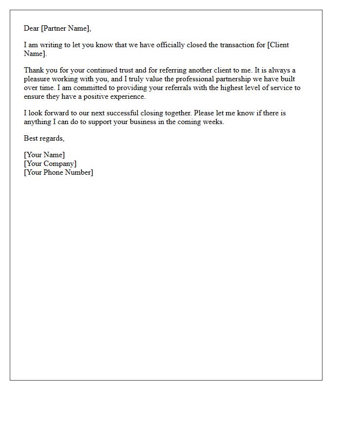 Repeat Referral Partner Post-Closing Appreciation Letter