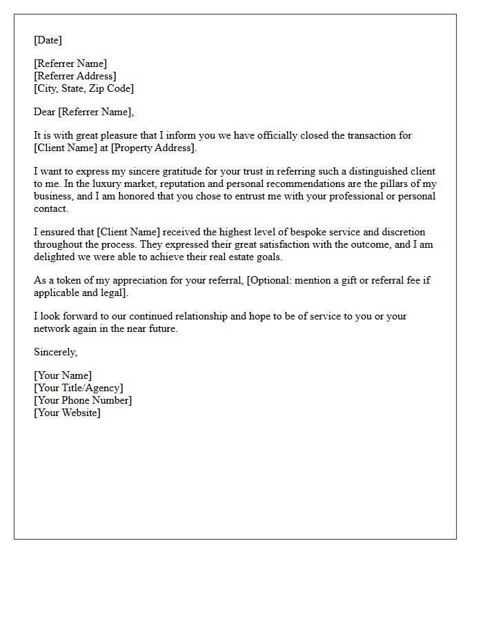 Luxury Real Estate Referral Post-Closing Thank You Letter