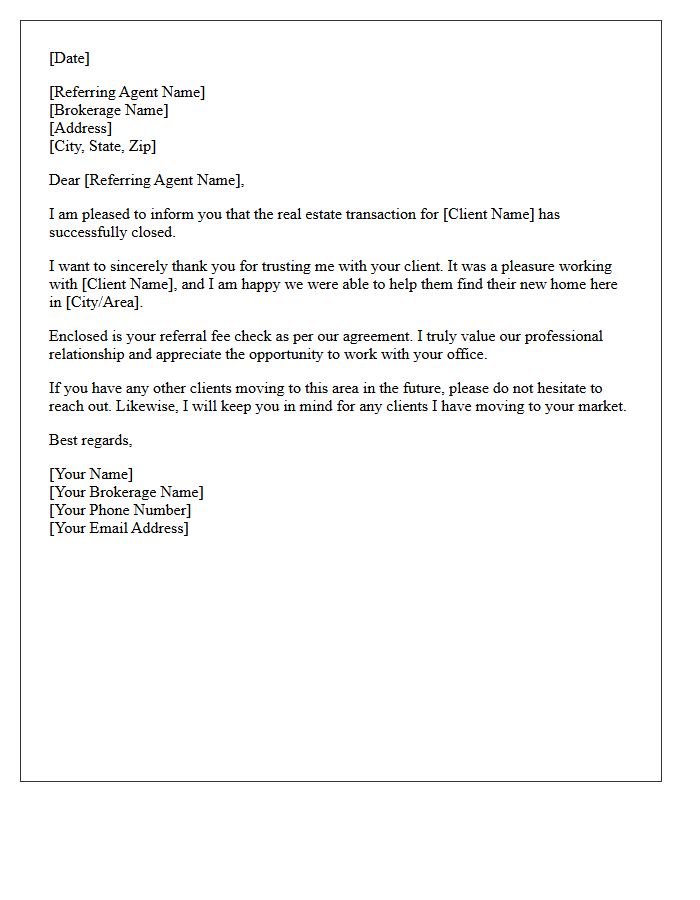 Out-of-Town Agent Referral Post-Closing Appreciation Letter