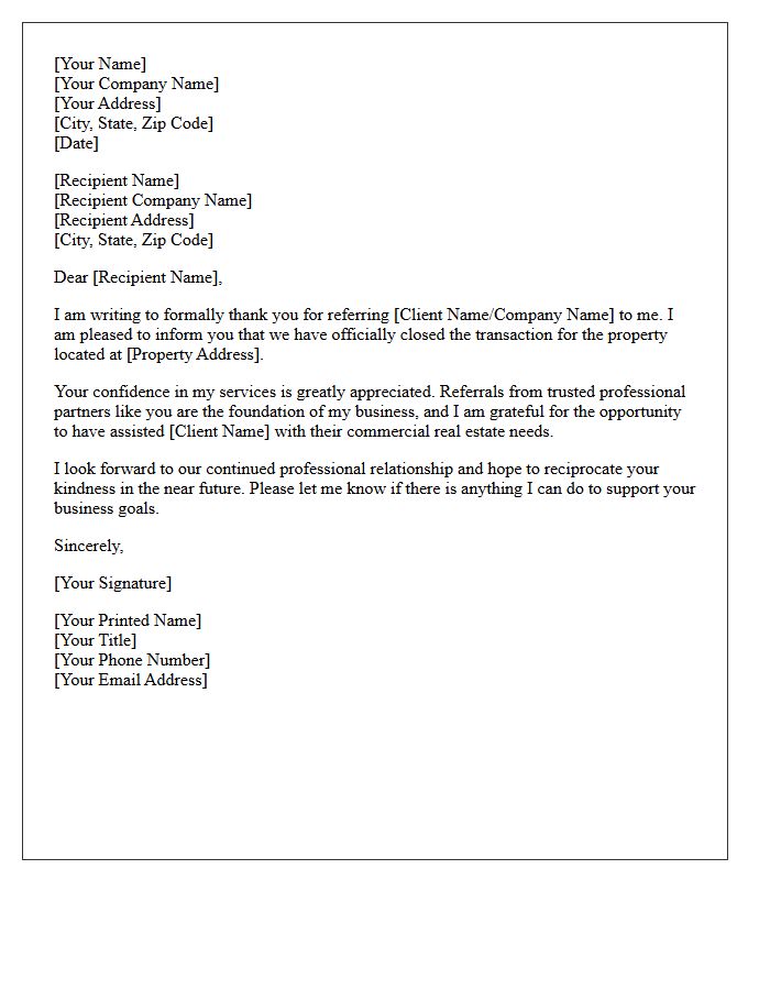 Commercial Property Referral Post-Closing Gratitude Letter