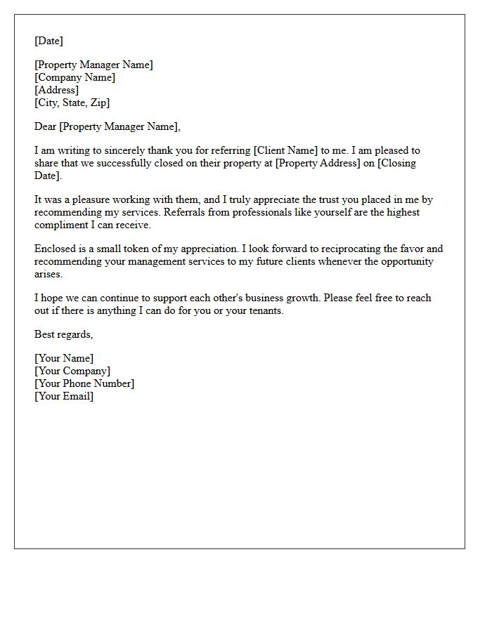 Property Manager Referral Post-Closing Appreciation Letter