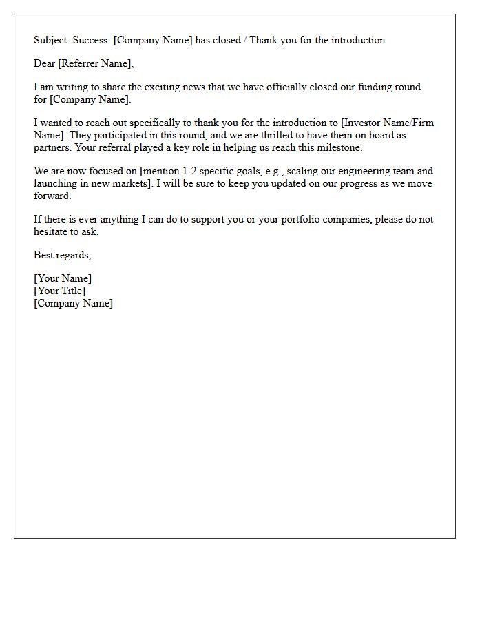 Investor Network Referral Post-Closing Thank You Letter