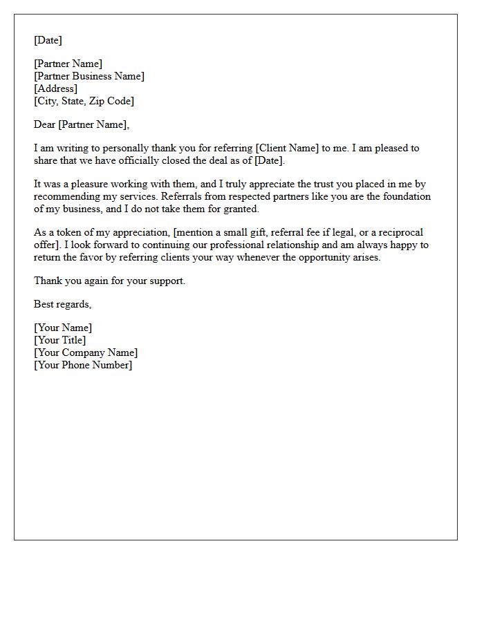 Local Business Partner Referral Post-Closing Appreciation Letter